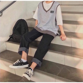 Quần baggy jean nữ đen ống rộng dài săn lai