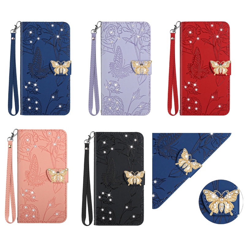 Bao Da Điện Thoại Dạng Ví Nắp Lật Từ Tính Hình Bướm Đính Kim Cương Cho iPhone XS Max XR 7/8/SE 2020/SE 2022 6 7 8 Plus