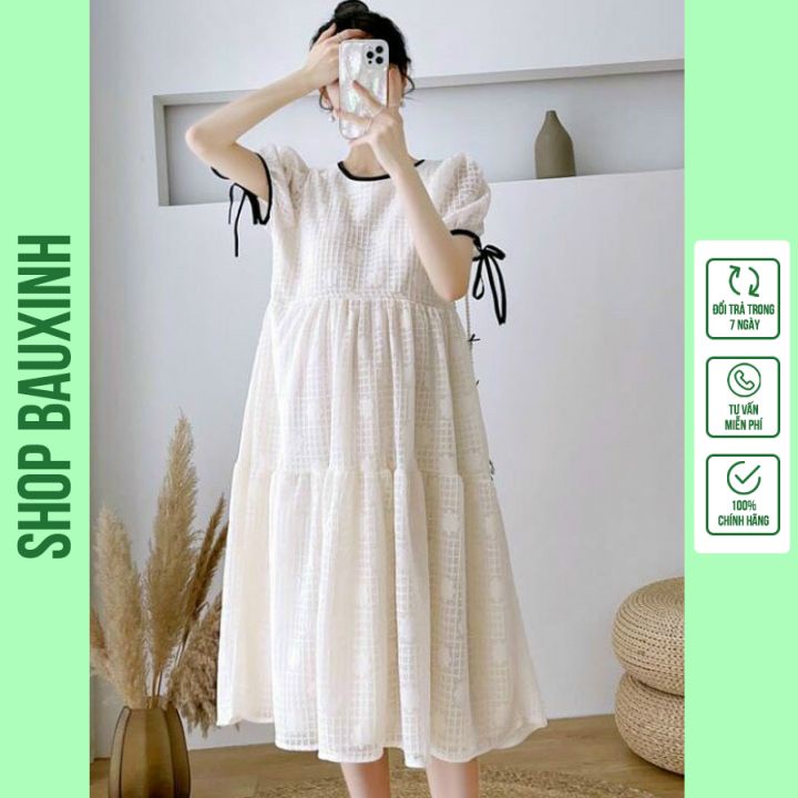 VÁY BẦU MÙA HÈ ĐẸP - ĐẦM BẦU CÔNG SỞ, THIẾT KẾ DÁNG SUÔNG CỘC TAY MẦU TRẮNG XINH XẮN, MẶC ĐI LÀM, CHƠI, DỰ TIÊC