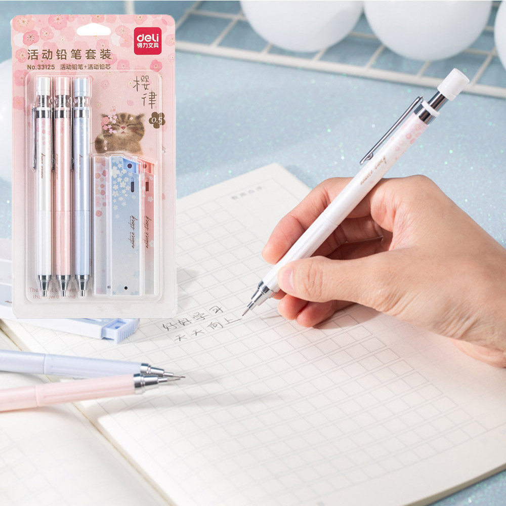 Set Bút Chì Bấm Ngòi 0.5mm Vỏ Cao Su Họa Tiết Hoa Anh Đào Dễ Thương