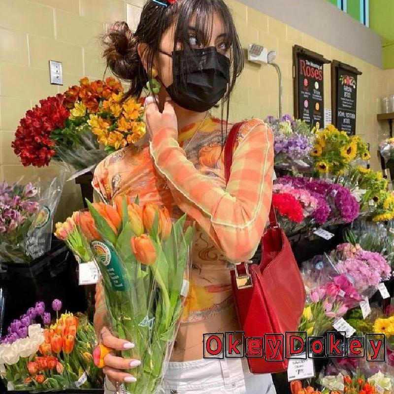 Áo Thun Crop Top Tay Dài Phối Lưới Xuyên Thấu Y2K Phong Cách Harajuku Cổ Điển Thời Trang Mùa Thu Cho Nữ 90s