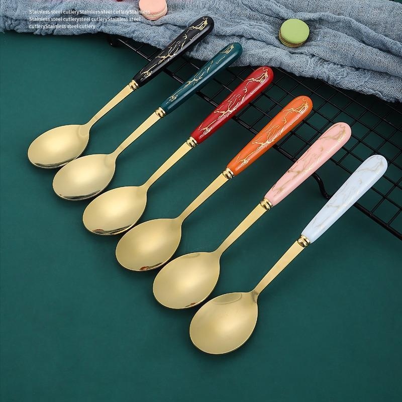 Hộp 6 chiếc thìa mạ vàng vân đá Marble sang trọng muỗng ăn decor trang trí bàn ăn