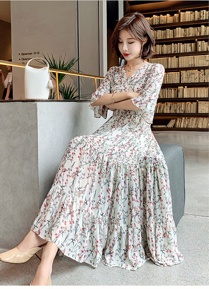 Đầm Dài Cổ Chữ V Họa Tiết Hoa Chất Liệu Chiffon Thời Trang Mùa Hè 2021 | BigBuy360 - bigbuy360.vn