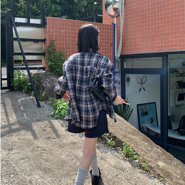 SUXI Áo Sơ Mi Caro Tay Dài Dáng Rộng Trẻ Trung Phong Cách Vintage Hàn Quốc