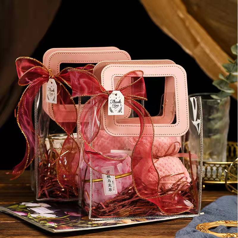 [Quai Hồng - Nhựa Siêu Dày] Túi Nhựa Trong Suốt Dé Store Có Quai Cầm Bằng Da Phong Cách Hàn Quốc