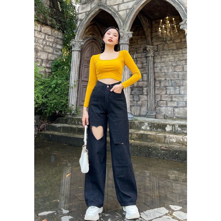 Quần jean nữ baggy trơn chất vải Jean Denim không co giãn, bền màu AnNgo - AT200