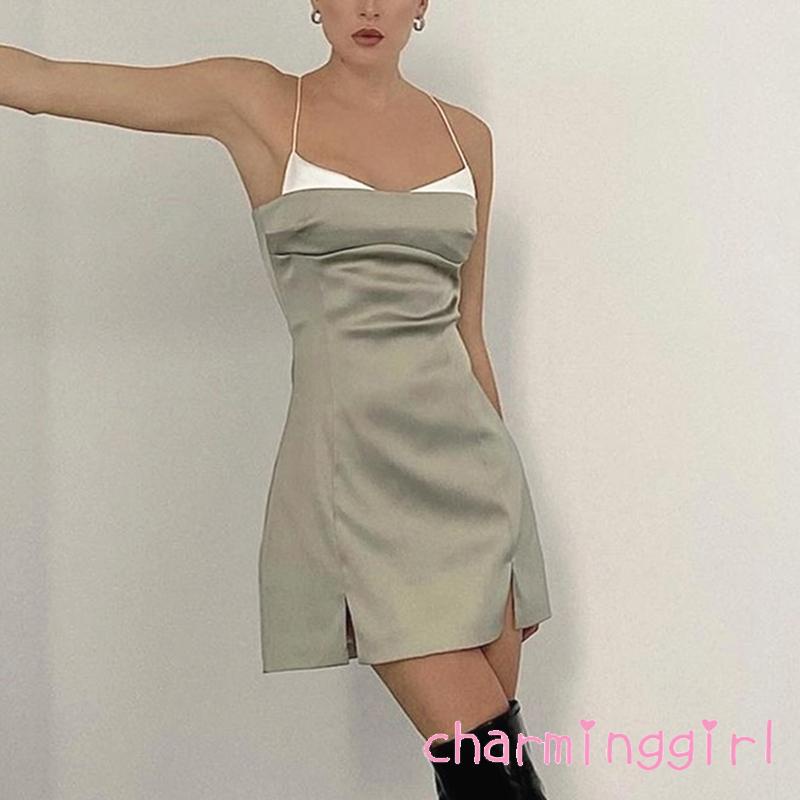 Chm-đầm Hai Dây Xẻ Tà Cạp Thấp Một Mảnh Màu Tương Phản Cho Nữ