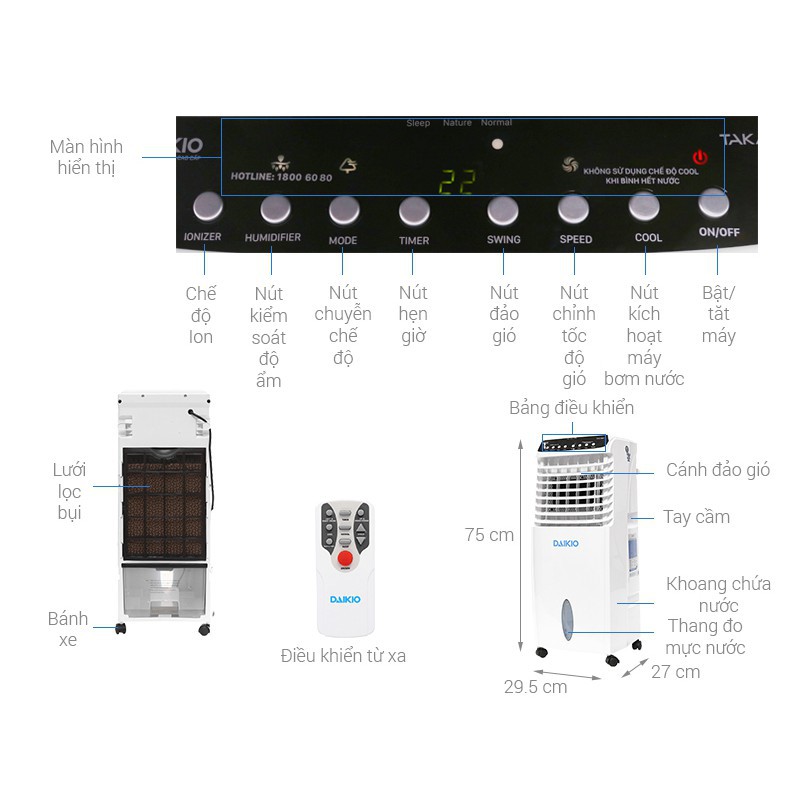 Quạt điều hòa Daikio DKA-800A (điều khiển từ xa)- Hàng chính hãng