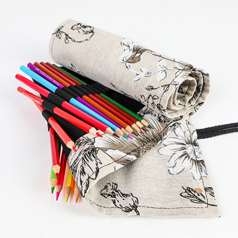 BTF Peony 12/24/36/48/72 Holes Canvas Roll Pen Curtain Pencil Bag Case Makeup Wrap Holder Storage Pouch School Supplies