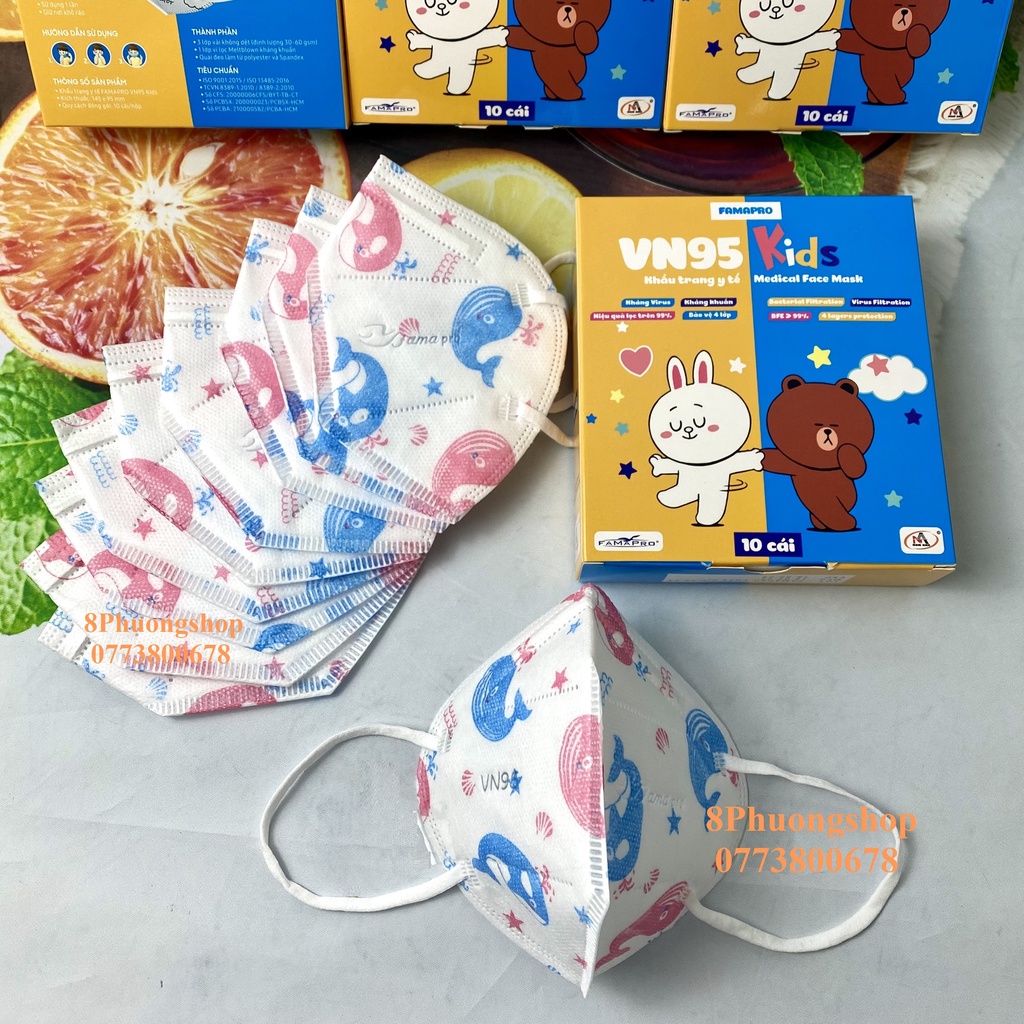 Khẩu trang FAMAPRO VN95 KIDS cho Bé in hình 4 lớp kháng khuẩn 10 cái / hộp