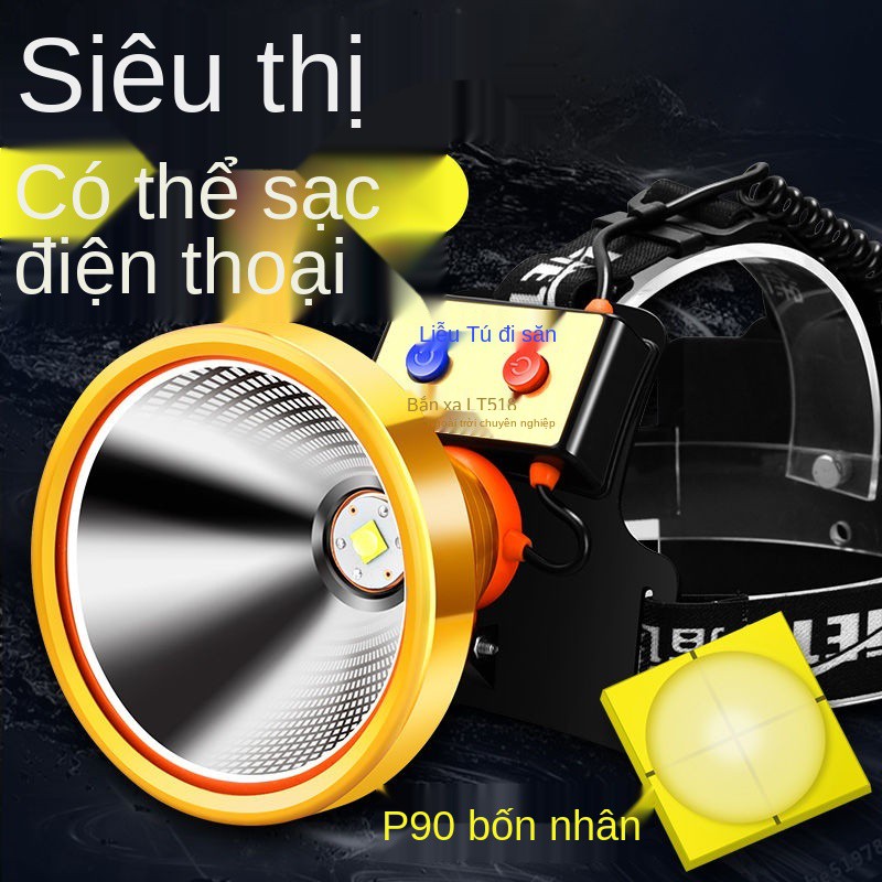 Đèn pha LED lõi tứ P90 ánh sáng mạnh có thể sạc lại câu cá ngoài trời đánh ban đêm vàng thợ mỏ gắn đầu thoát