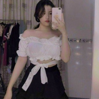 Áo nhúng bèo trễ vai phối dây cột eo kiểu