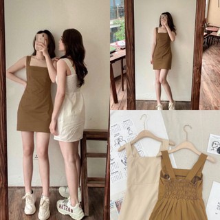 V4154 Váy kaki hai dây dáng chữ A phía sau lưng chun, chiết ly eo, kèm hình thật