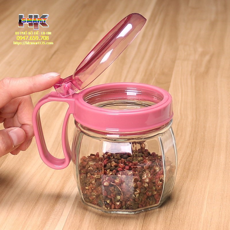 Bộ 5 lọ đựng gia vị - Hủ đựng gia vị nấu ăn - Combo 5 lọ thủy tinh gồm 2 bình rót và 3 hũ đựng gia vị có tay cầm