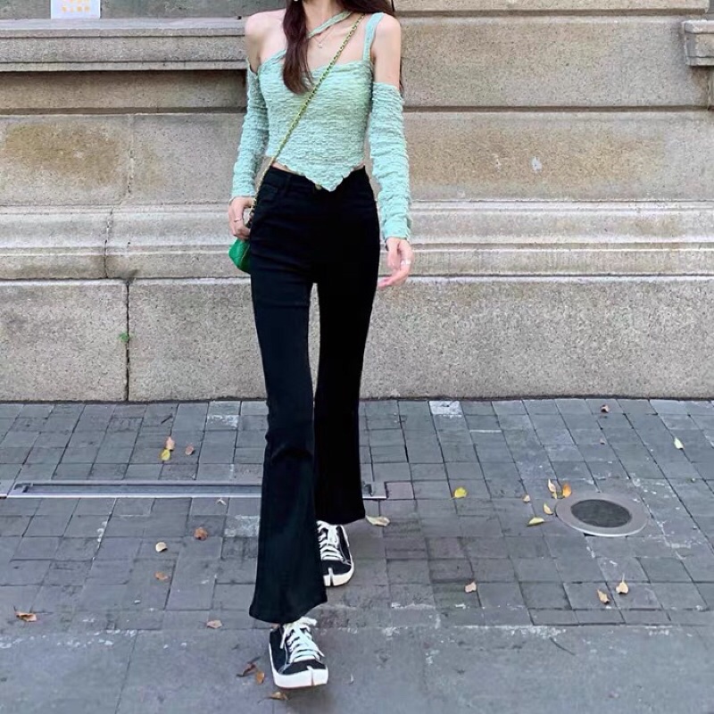 Set Áo Kiểu Sexy Kèm Quần Jeans Ôm Ống Loe - Oder Taobao