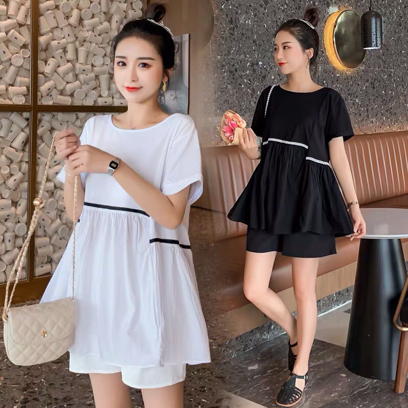 Bộ bầu đùi, dáng áo babydoll thoái mái, quần ngắn có chun tăng giảm bụng, hàng thiết kế viền đẹp, tiểu thư, sang chảnh