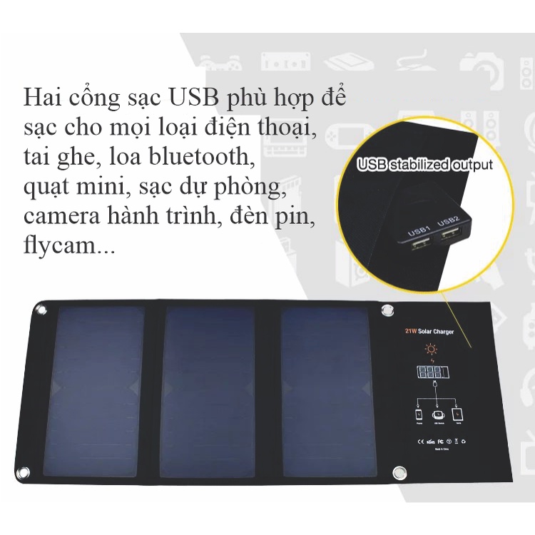 Tấm pin năng lượng mặt trời gấp gọn 21W - Dùng đi phượt, dã ngoại, cắm trại...