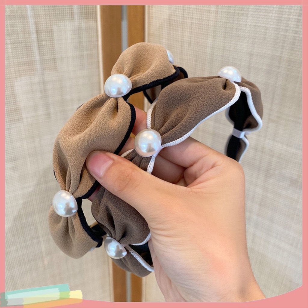 Băng Đô Cài Tóc Bản Rộng Bằng Vải Viền Rộng Đính Ngọc Trai Giả Chống Rơi Phong Cách Hàn Quốc Cho Nữ