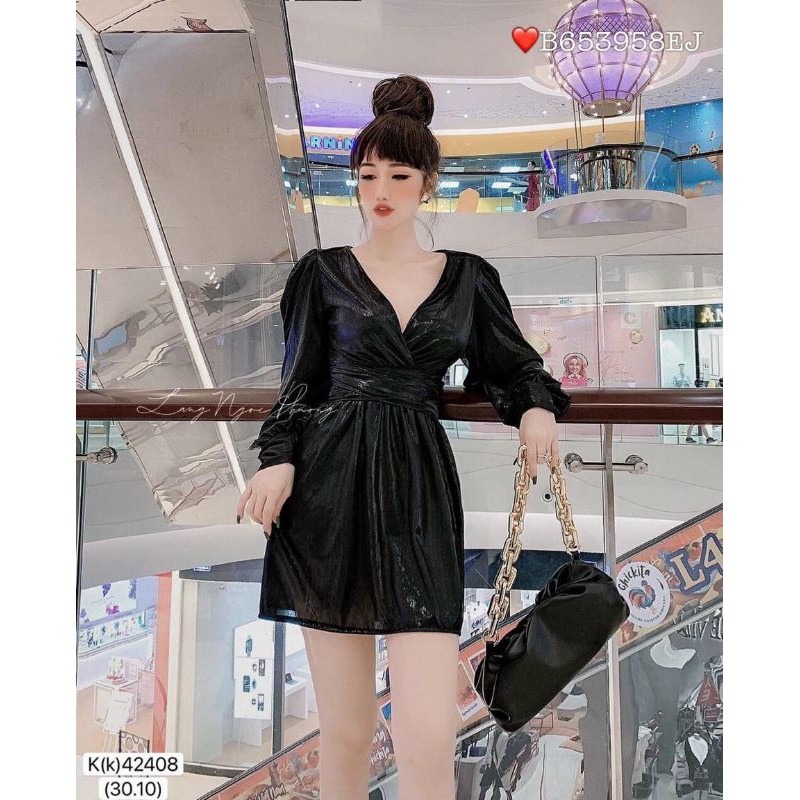 Đầm Xòe Nhũ Ánh Kim ( Size S-M-L-XL) tay dài cổ V đắp chéo eo bo kiểu HÀNG THIẾT KẾ