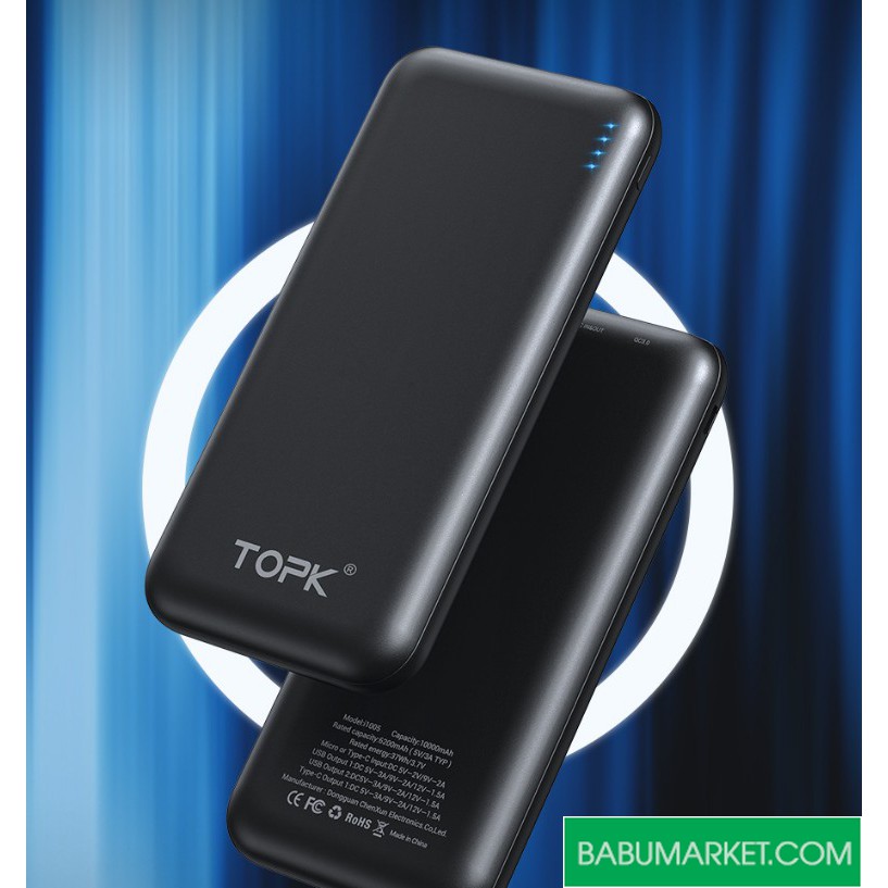 Sạc dự phòng cao cấp - Sạc dự phòng hiệu TOPK 10000 mAh có 2 cổng sạc usb QC 3.0 hàng chính hãng