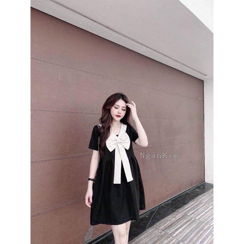 Đầm Nơ Xinh Cổ V Dáng Babydoll