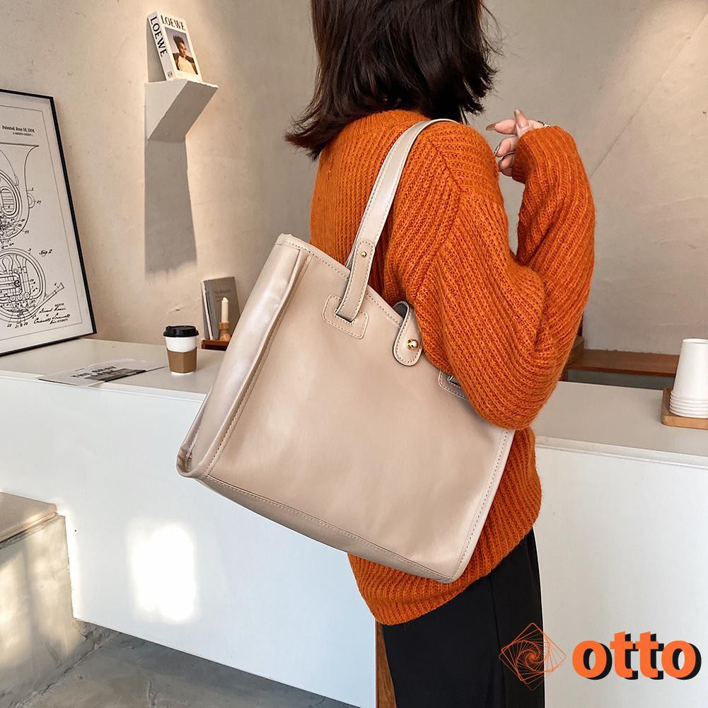 Women Big Capacity Shoulder Bag Solid Color Top-handle Tote Portable PU Leather Shopping Satchels