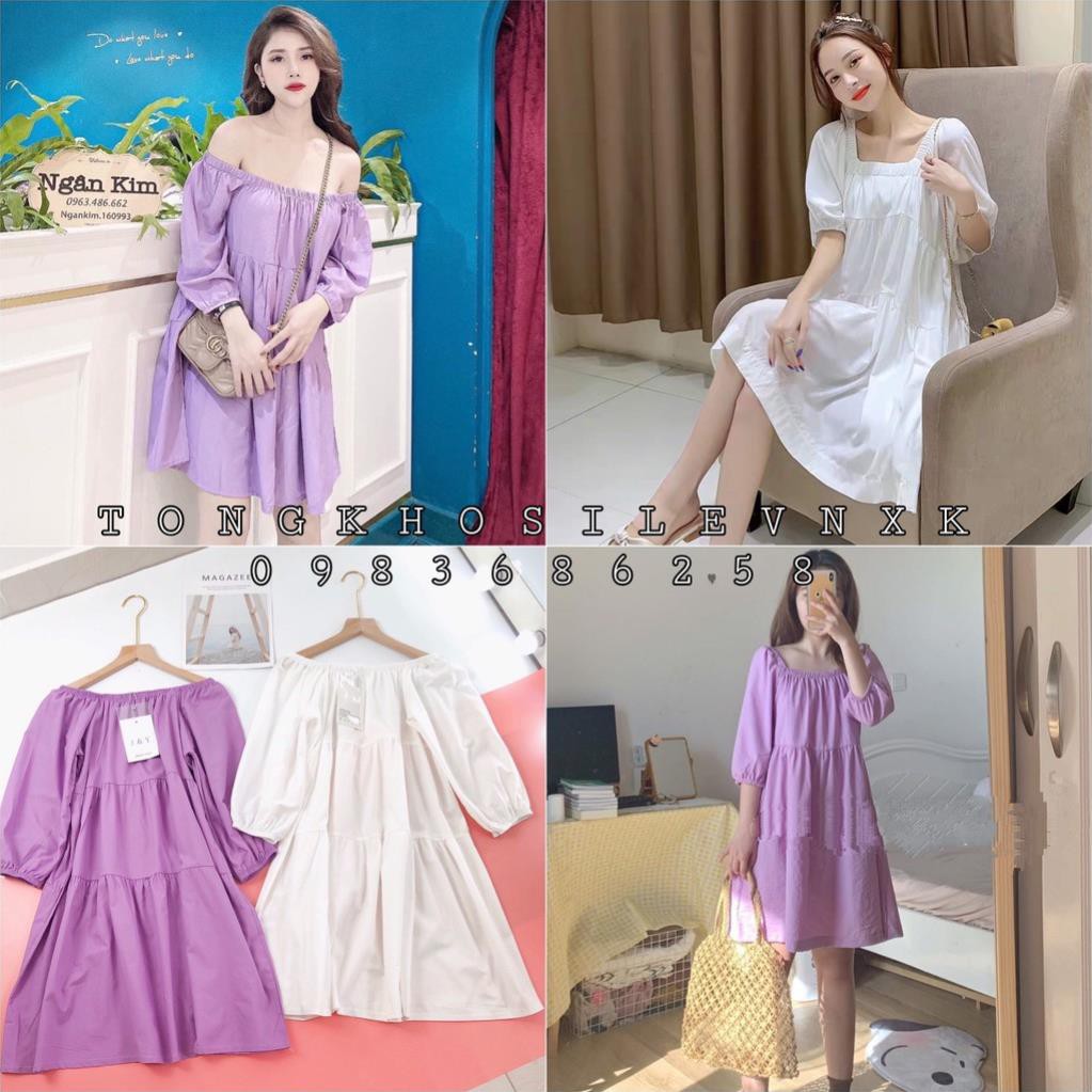 VÁY TRỄ VAI BABYDOLL TAY CHUN MÀU TÍM TRẮNG - ĐẦM CỔ VUÔNG BA TẦNG TRẮNG TÍM ULZZANG