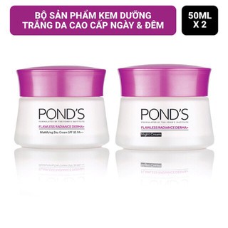 Bộ Đôi Kem Dưỡng Trắng Da Cao Cấp Ngày & Đêm Pond's Flawless Radiance Derma+ (50g/hũ)