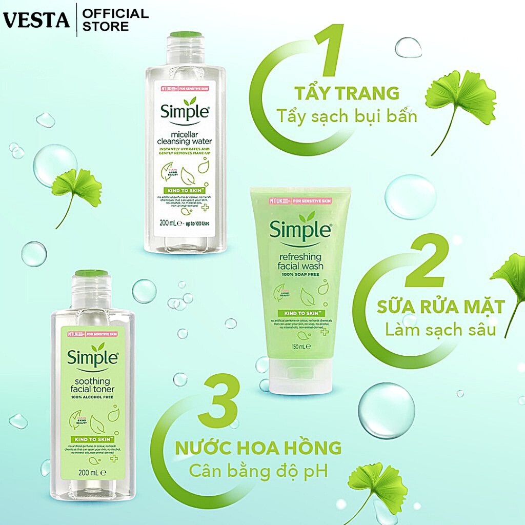 Combo Simple ( Sữa Rửa Mặt + Nước Tẩy Trang + Toner Nước Hoa Hồng + Kem Dưỡng Ẩm Da ) Tẩy Tế Bào Da Chết Dịu Nhẹ | BigBuy360 - bigbuy360.vn