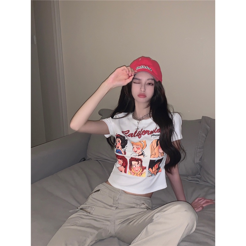 Áo Thun Tay Ngắn Dáng Ôm In Họa Tiết Hoạt Hình Phong Cách Retro Thời Trang 49910