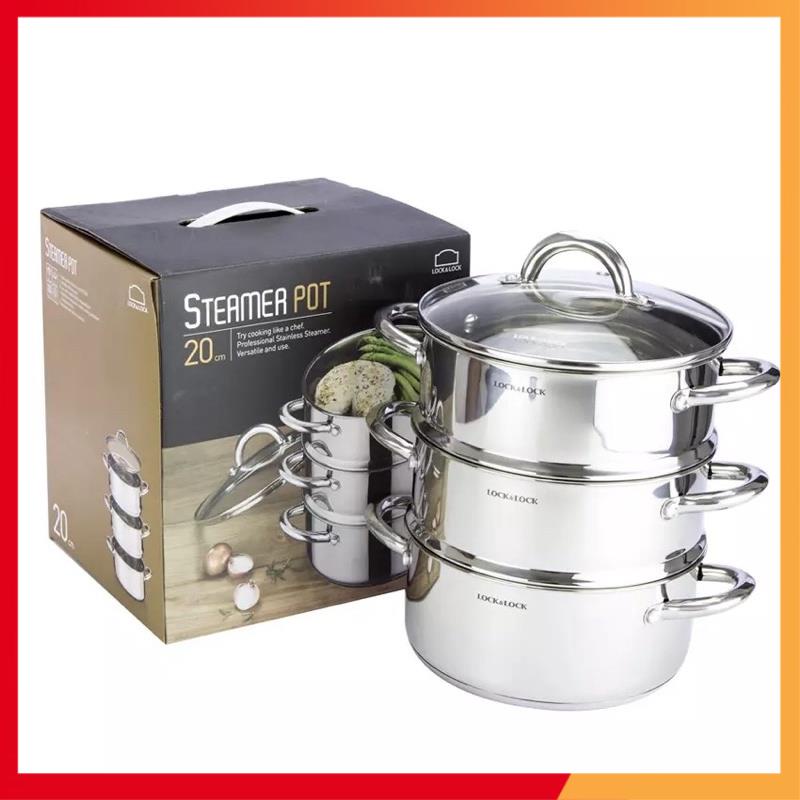 Bộ Nồi Hấp Inox 3 Tầng Lock&Lock 20cm LLH1202 - Hàng chính hãng, dùng được trên bếp từ