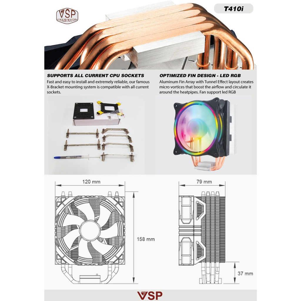 Fan CPU VSP Cooler Masster T410i - Led RGB - Bảo Hành 3 Tháng