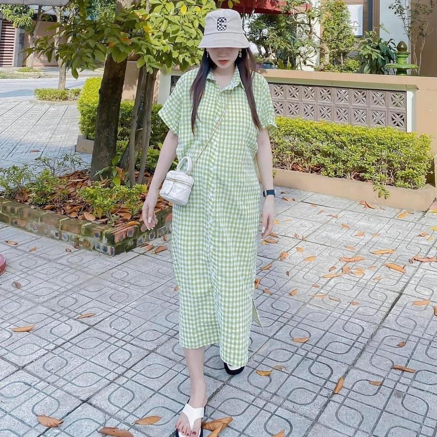 Đầm sơ mi nữ dáng dài vintage cổ cao cánh dơi vạt bầu Bingshop