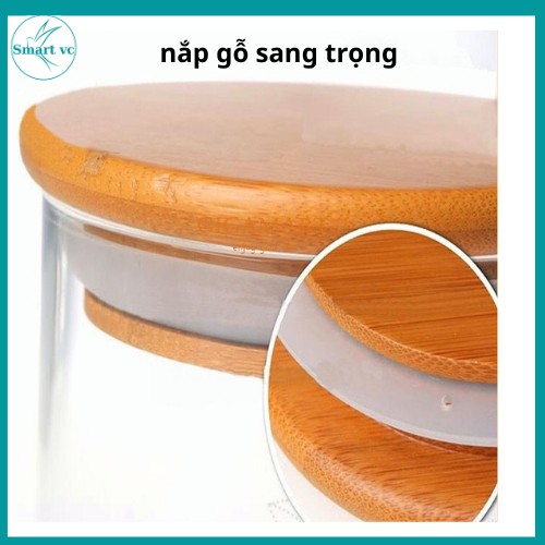 Lọ thủy tinh nắp gỗ, hũ thủy tinh đựng gia vị  phong cách Bắc Âu, đựng đường, hạt, đồ khô an toàn, sạch sẽ Deli