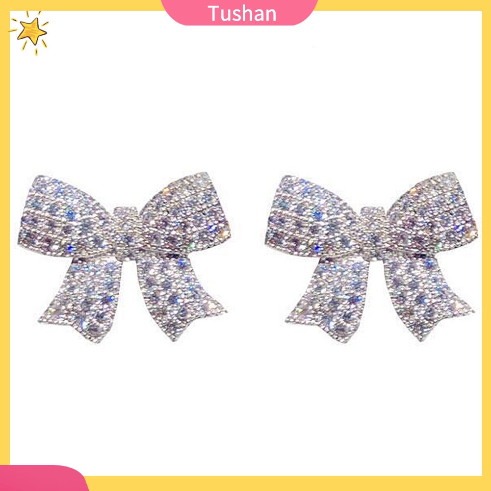 TUSH Fashion Women Full Cubic Zirconia Bow Ear Stud Earrings Jewelry Birthday Gift