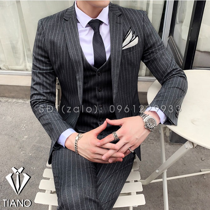 Bộ Vest Nam  Ôm Body Xám Kẻ - Kiểu 1 Khuy. Vải cao cấp, 2 lớp - TIANO STORE