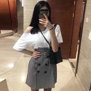 Set váy kẻ trễ vai