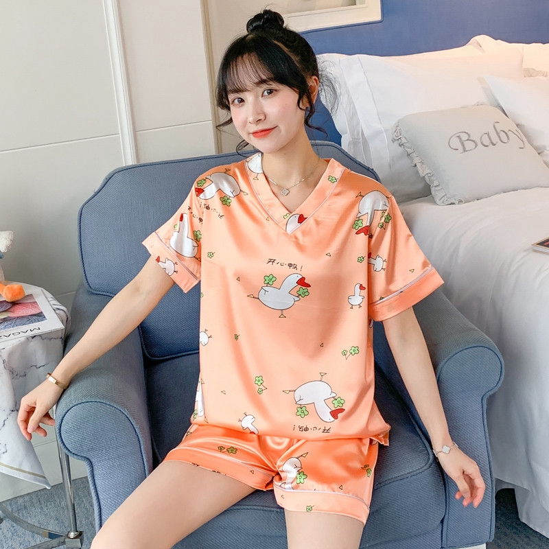Bộ đồ ngủ vải lụa lạnh tay ngắn cổ chữ V in họa tiết trái cây hoạt hình phong cách Hàn Quốc thời trang mùa hè cho nữ