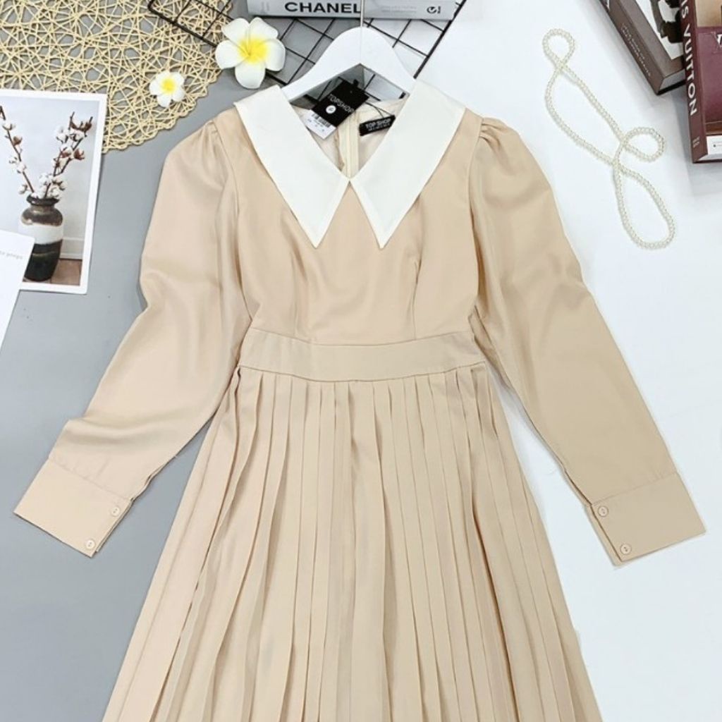  Váy nữ thiết kế dập ly tay dài, Đầm xòe trẻ trung thanh lịch HN clothing V25 | BigBuy360 - bigbuy360.vn