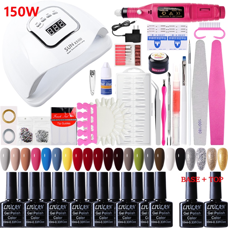 Combo nail, bộ làm móng gồm 22 chai sơn gel, base top, máy hơ gel Sun5MAX, dụng cụ làm móng, phụ kiện nail máy mài móng