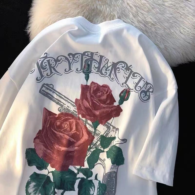 Jiashucheng Áo Thun Tay Ngắn In Hình Hoa Hồng Cao Cấp Phong Cách Đường Phố Mỹ Dễ Phối Đồ Cho Nữ