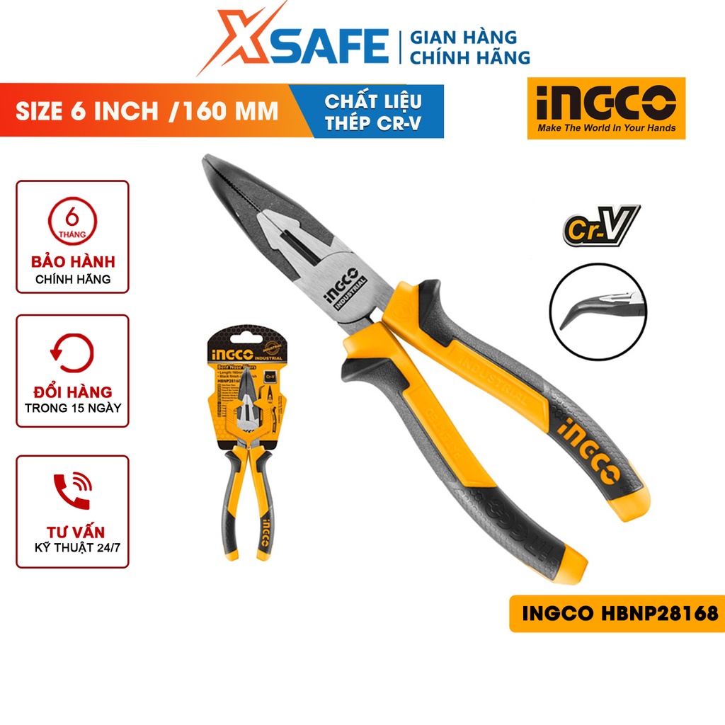 Kìm mũi nhọn mỏ cong INGCO HBNP28168 6 inch Kềm tuốt dây điện kích thước 6&quot;&quot;/160mm, đầu kềm đánh bóng chống gỉ