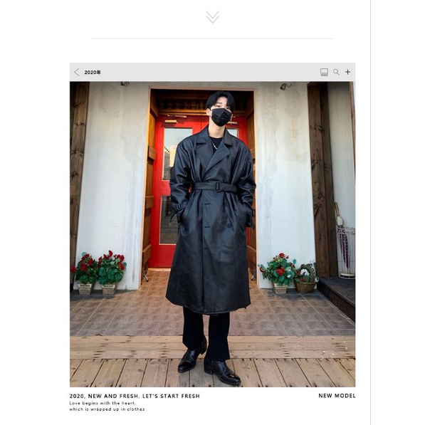 DAVIDME Áo khoác da dáng dài kèm thắt lưng phong cách Hàn Quốc cho nam