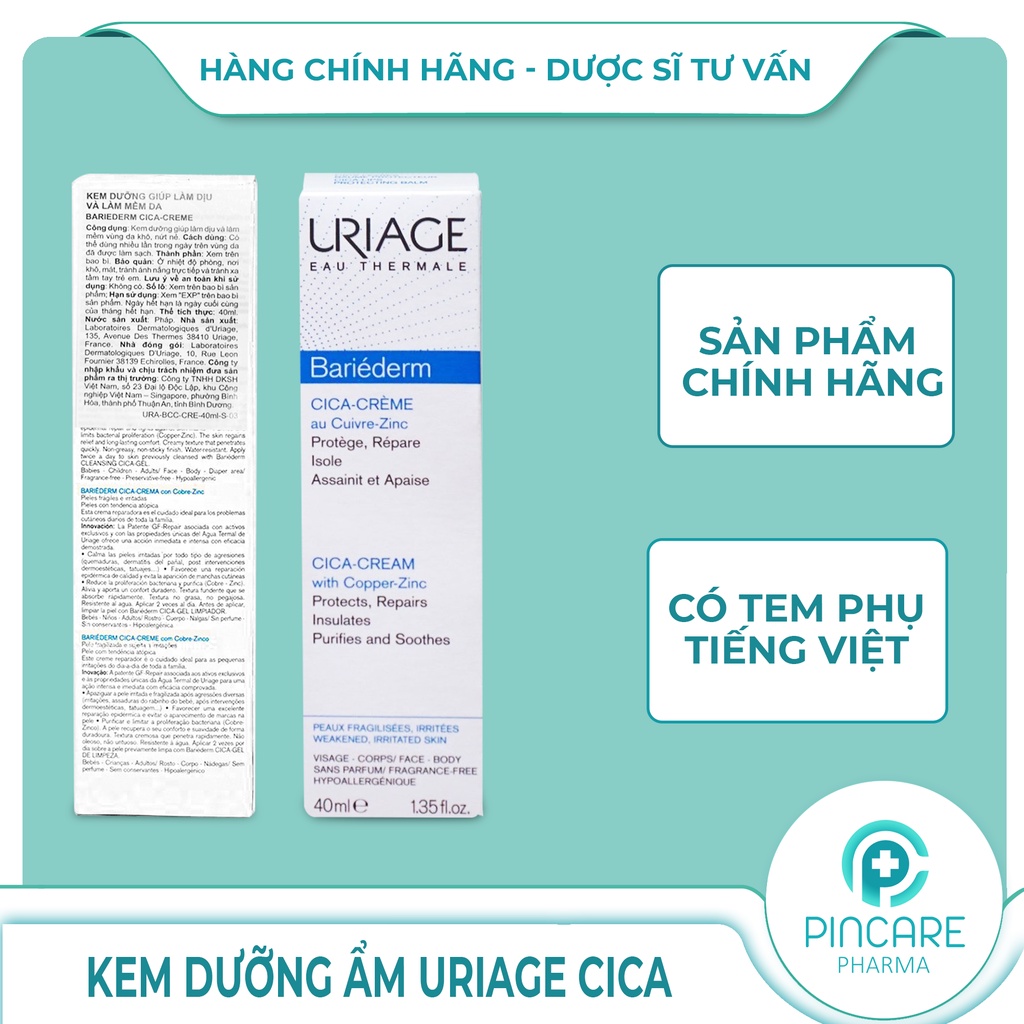 Kem dưỡng ẩm phục hồi da Uriage Bariéderm Repairing Cica-Cream 40ml - Hàng chính hãng - Nhà thuốc PinCare
