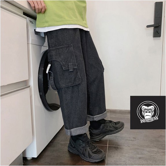 Quần jean túi hộp unisex nam nữ ống rộng màu đen cao cấp 2021 Pon.mens | BigBuy360 - bigbuy360.vn