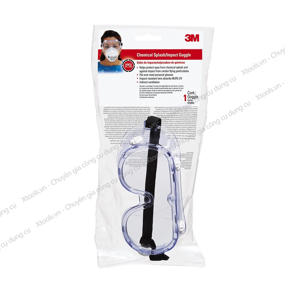 Kính bảo hộ chống hóa chất 3M 334AF Mắt kính chống tia UV, chống khói bụi, trầy xước, bảo vệ mắt, đeo được kính cận
