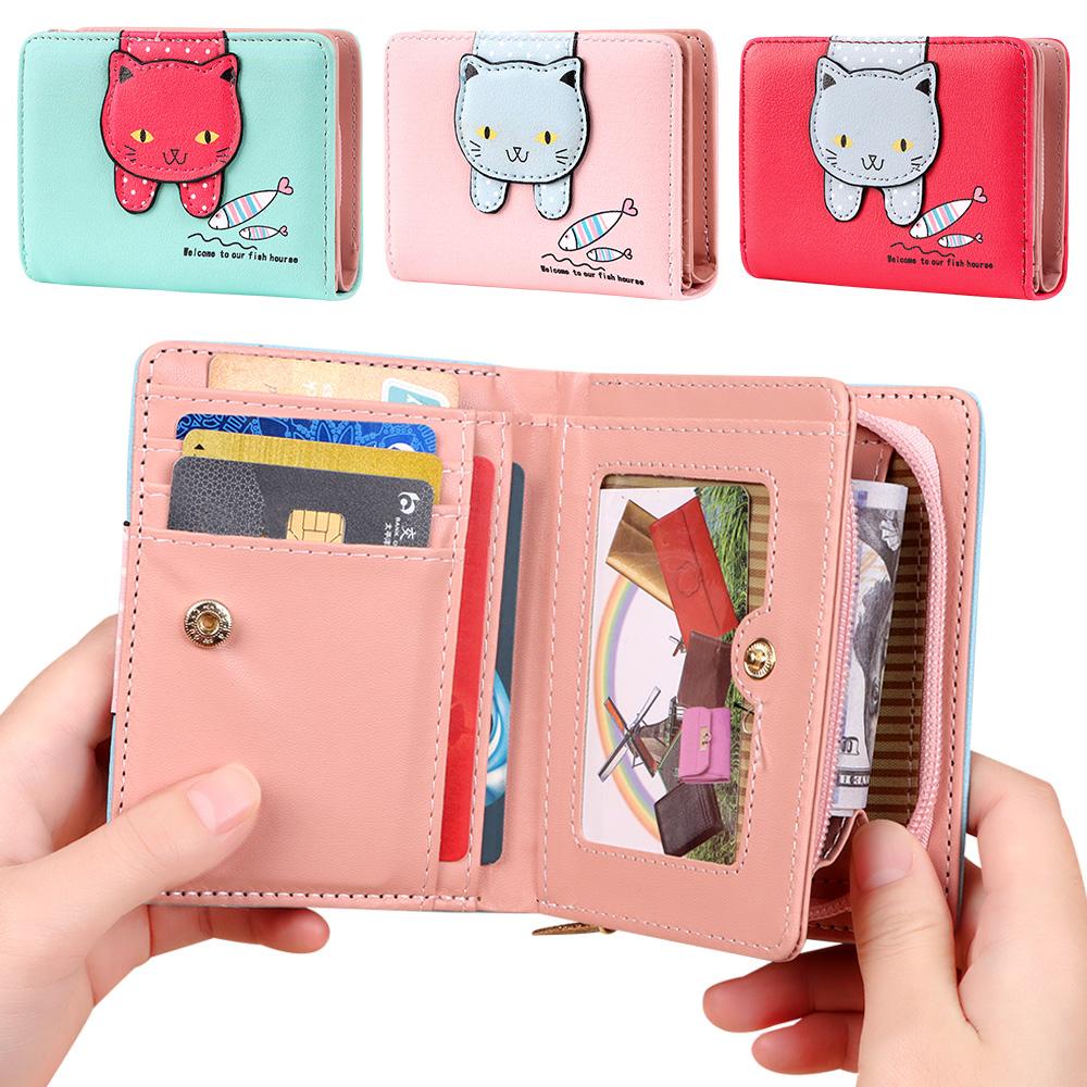 Ví Ngắn Nhiều Ngăn Đựng Thẻ Có Khóa Kéo In Hình Mèo / Cá Thời Trang Cho Nữ