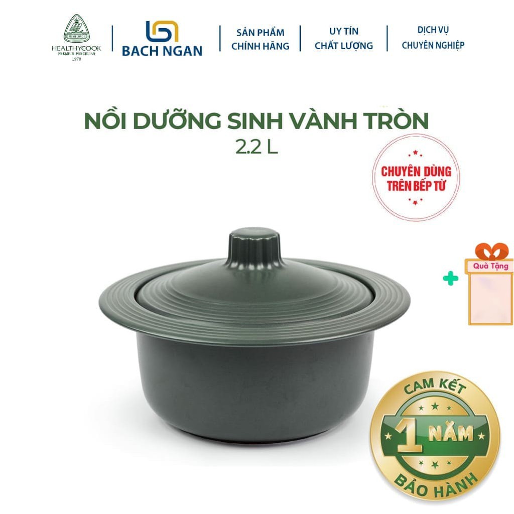 Nồi Sứ Dưỡng Sinh Minh Long Vành Tròn 2.2L dùng cho Bếp Từ có nắp đậy thích hợp kho cá, hầm cháo