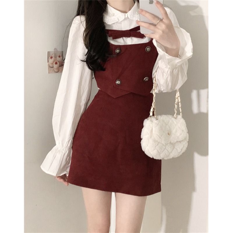 FXDAZI Bộ Áo Sơ Mi Trắng In Hình Quả Cherry + Chân Váy 2022 Kiểu Retro Thời Trang Cho Bạn Gái