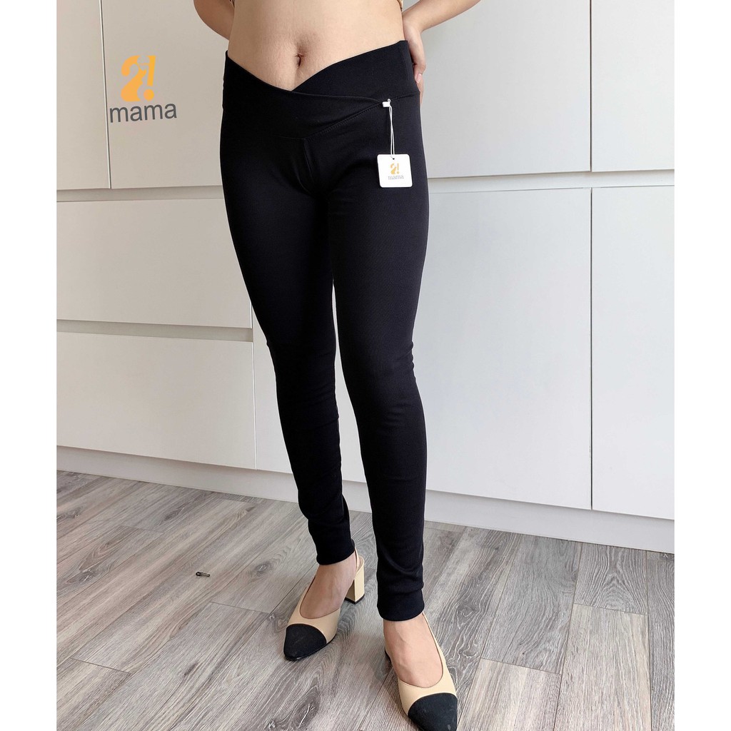 Quần bầu legging 2MAMA cạp chéo mùa hè màu đen con mèo - V37